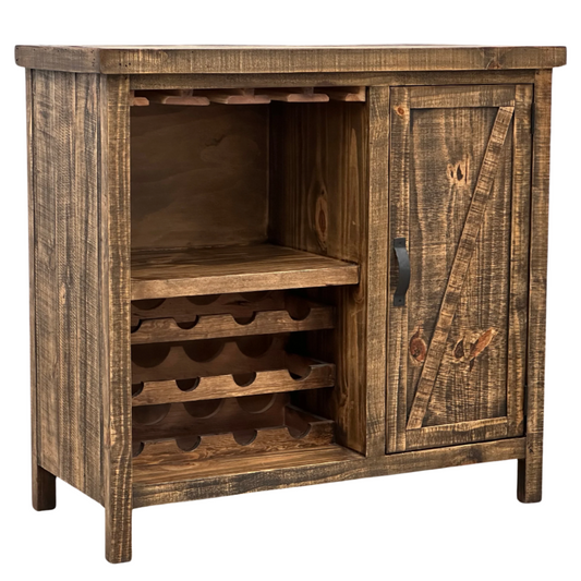 Lighter wood picture: Oasis medium rustic wine rack with bottle racks, hanging glass storage and a diagonal-brace cabinet door