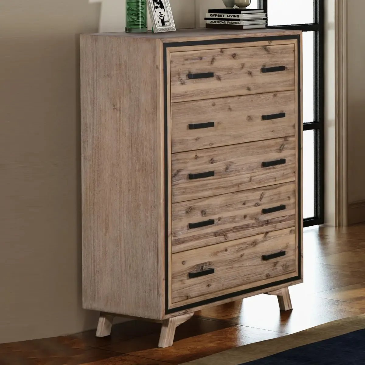 NNEDSZ with 5 Storage Drawers Solid Acacia Wooden Frame in Silver Brush Colour - CozyCompleteHome.com