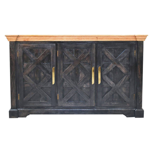 Dark wooden cabinet with cross-patterned doors and gold handles on a white background