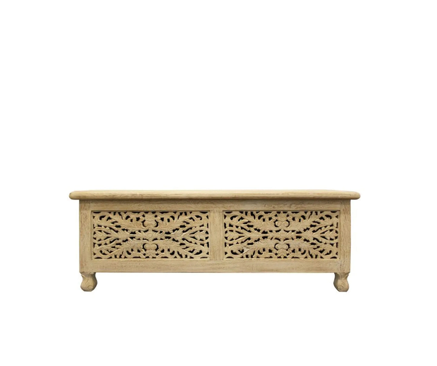 46" Antique White Solid Carved Rustic Wood Scroll Bench with Flip Top