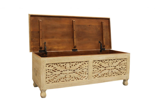 46" Antique White Solid Carved Rustic Wood Scroll Bench with Flip Top