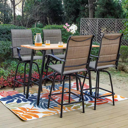 Black 5-Piece Metal Rectangle Outdoor Patio Bar Set with Wood-Look Bar Table and Padded Swivel Bistro Chairs