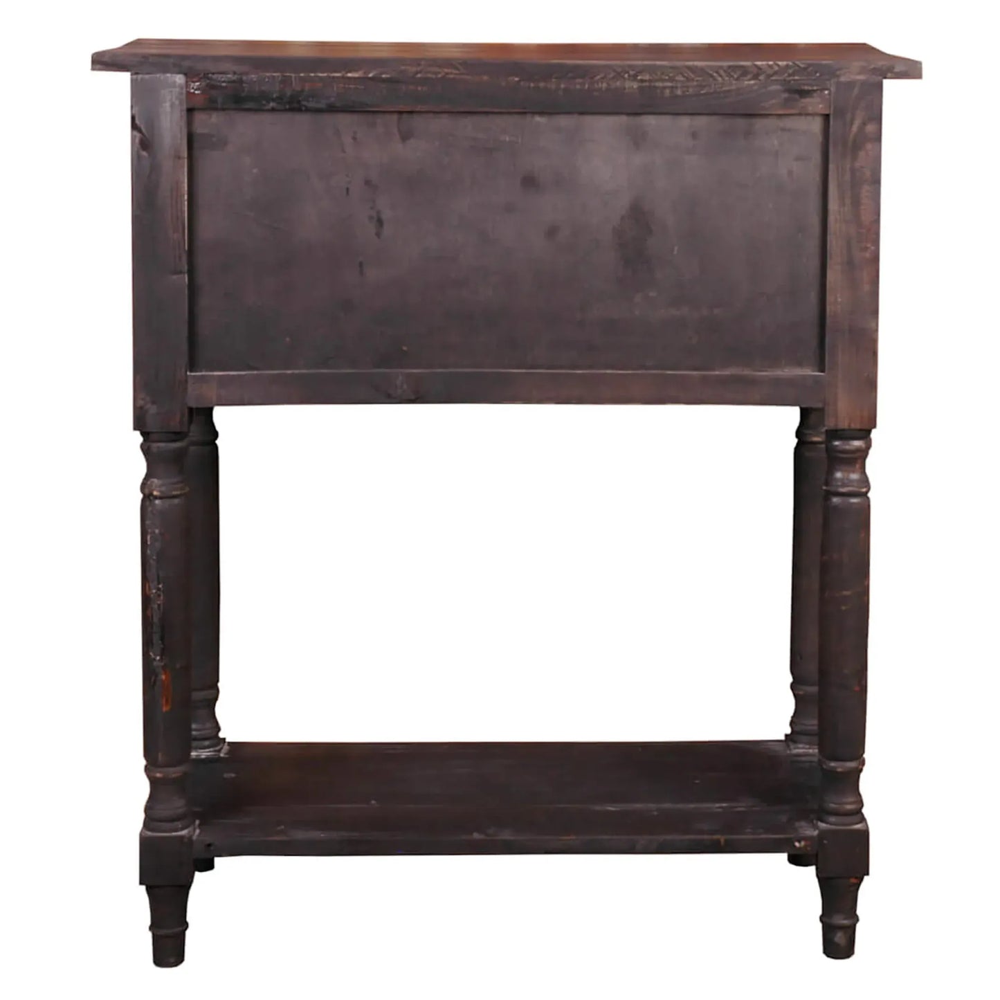 Dark wooden side table with a distressed finish on a white background