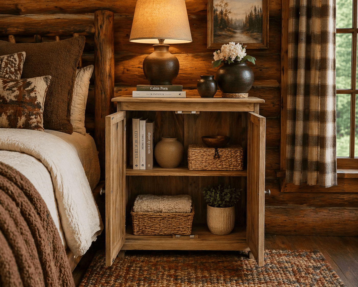Wooden nightstand with decorative items next to a bed in a cozy room.
