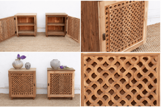 Wooden cabinet with lattice design on doors and sides, shown from different angles.