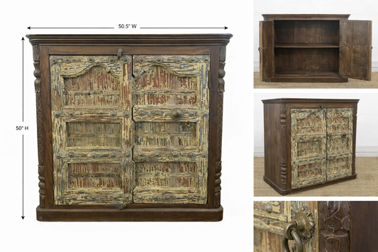 Wooden cabinet with rustic design, shown from multiple angles with dimensions displayed.