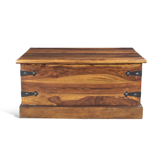 Solid Sheesham Wood Trunk Coffee Table with decorative metal accents and rich wood grain finish.