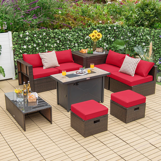 9 Pieces Rustic Outdoor Patio Furniture Set with 42 Inch Propane Fire Pit Table-Red