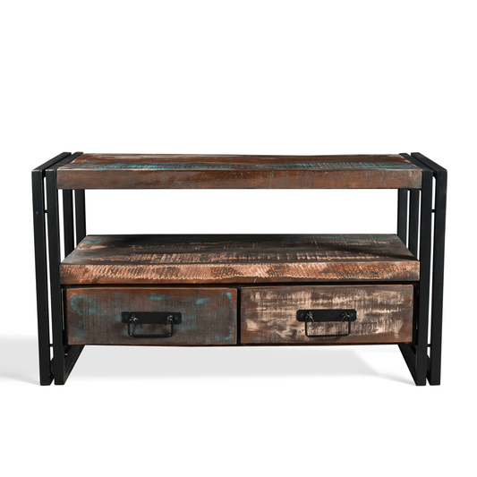 Wooden TV stand with metal frame on a white background