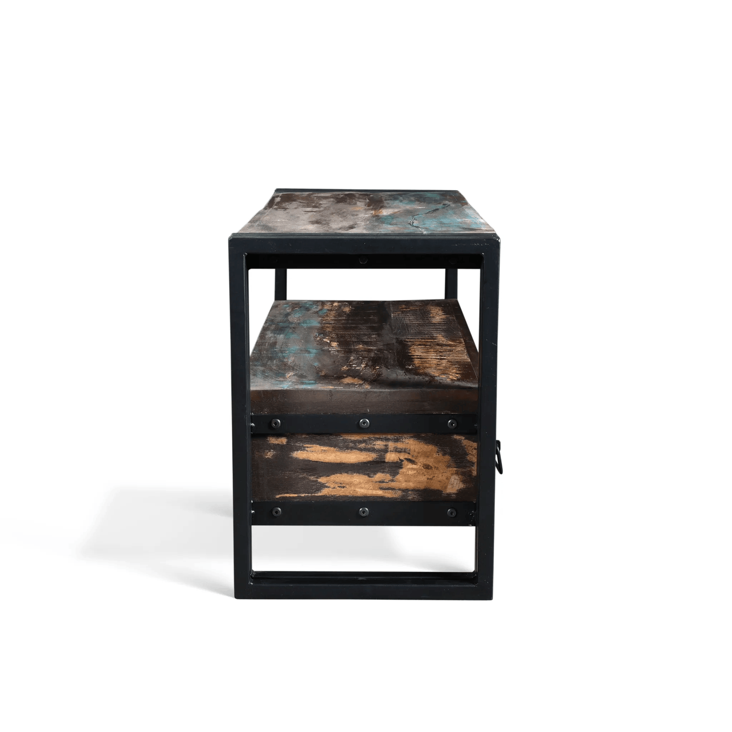 Two-tiered industrial-style table with distressed finish on a white background