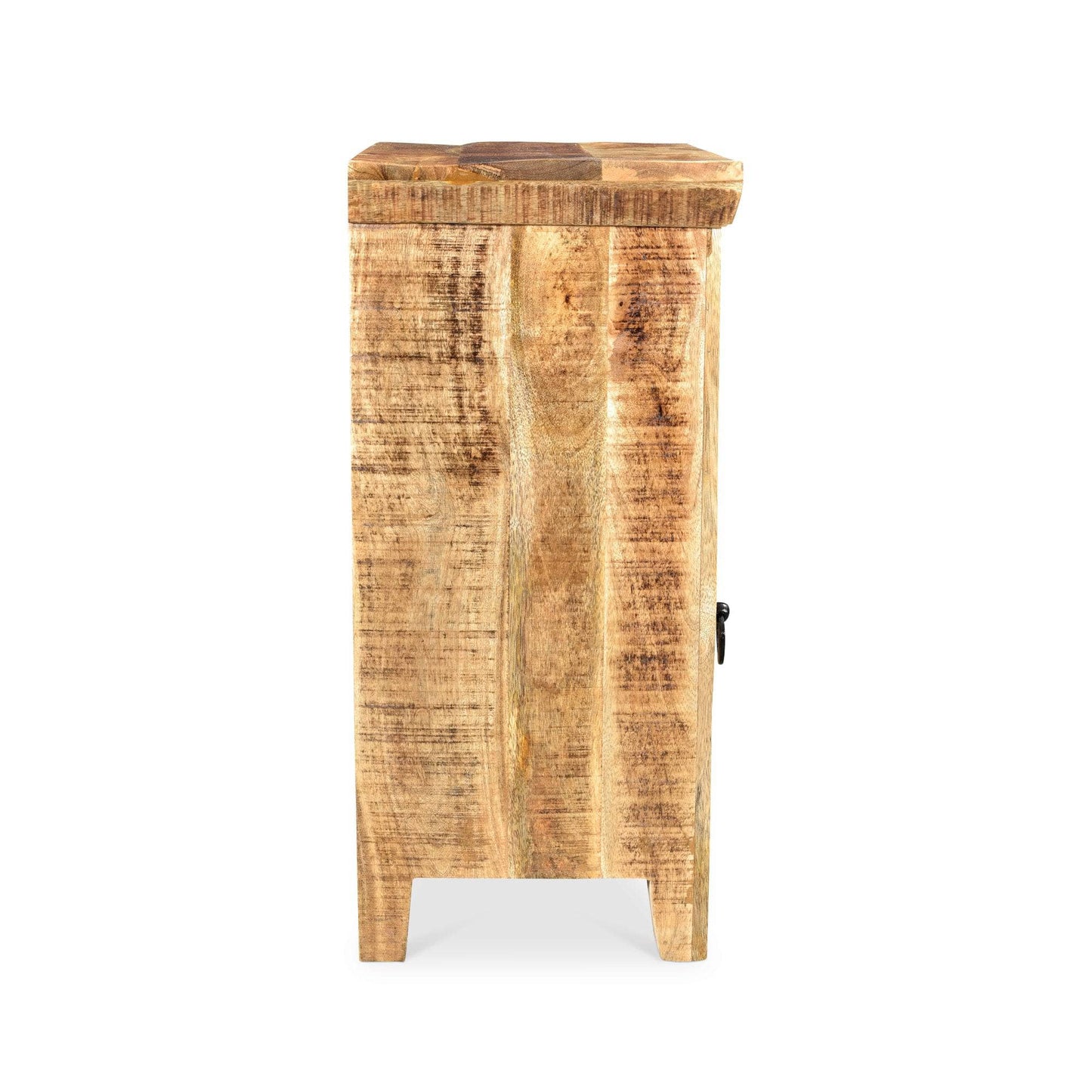 Wooden side table with a natural finish on a white background