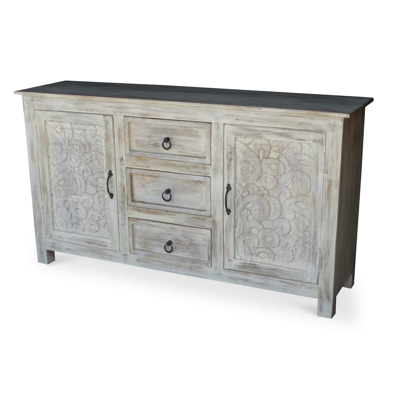 Wooden sideboard with floral carvings on a white background