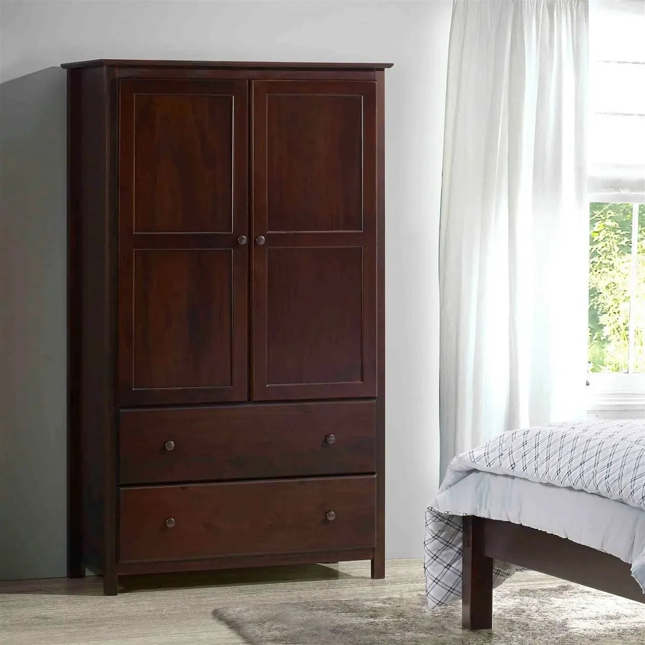 Solid Wood Armoire Wardrobe | Cherry Finish Bedroom Cabinet with Hanging Bar CozyCompleteHome.com