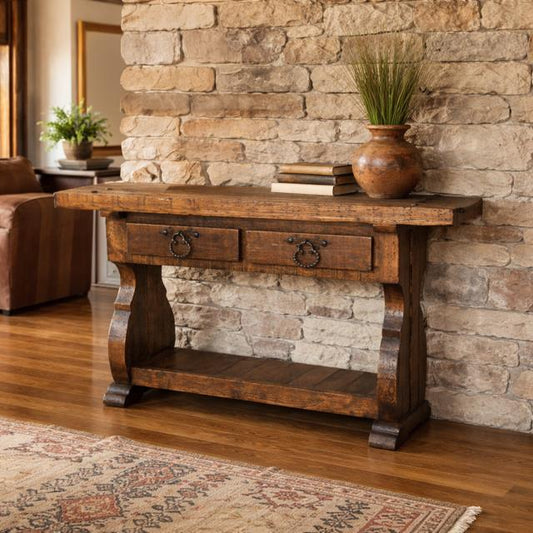 Rustic wood console table in a cozy cabin entryway .