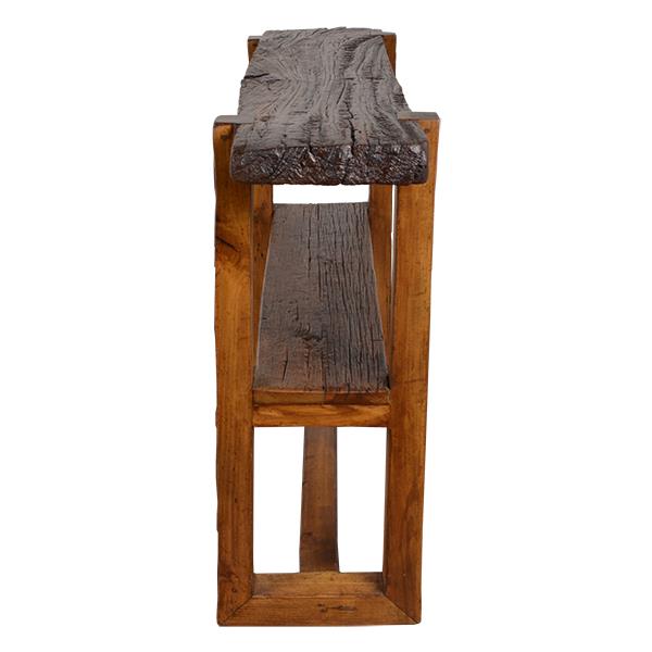 A rustic two-tier wooden bench made from reclaimed wood, featuring a dark weathered top and middle shelf with a natural rough edge, supported by a warm medium-brown wooden frame, shown against a plain white background.