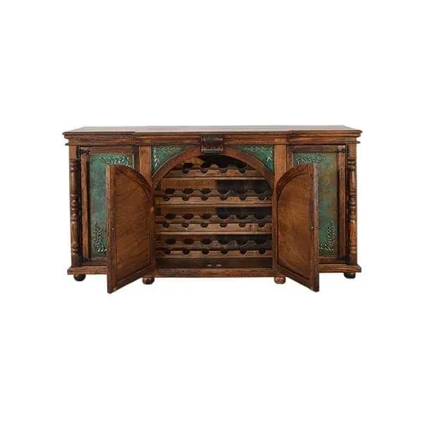 Green embossed copper wine cabinet showcasing an elegant green finish with open doors revealing ample storage.