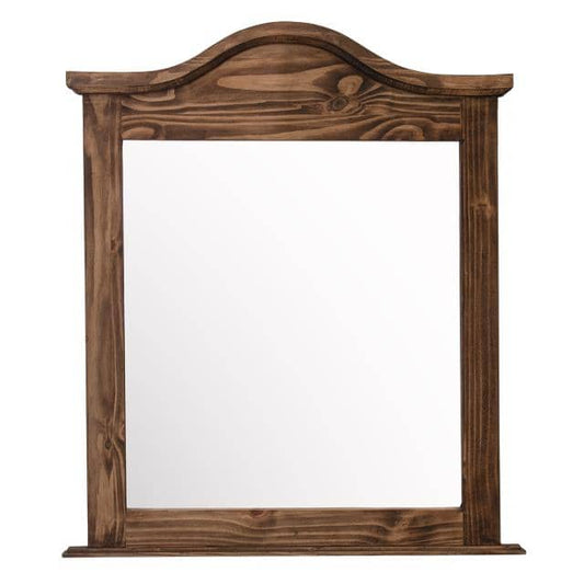 Rustic solid wood mirror with a rich finish, perfect for adding warmth to any bedroom or entryway.