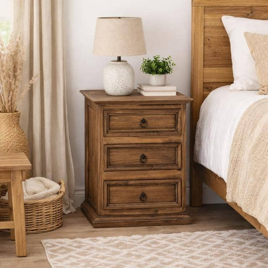 A rustic three-drawer wooden nightstand in a warm medium brown finish, styled in a bedroom next to a bed with white linens and a wooden headboard. The nightstand features dark metal round knobs and is topped with a textured white ceramic table lamp and a small potted green plant.