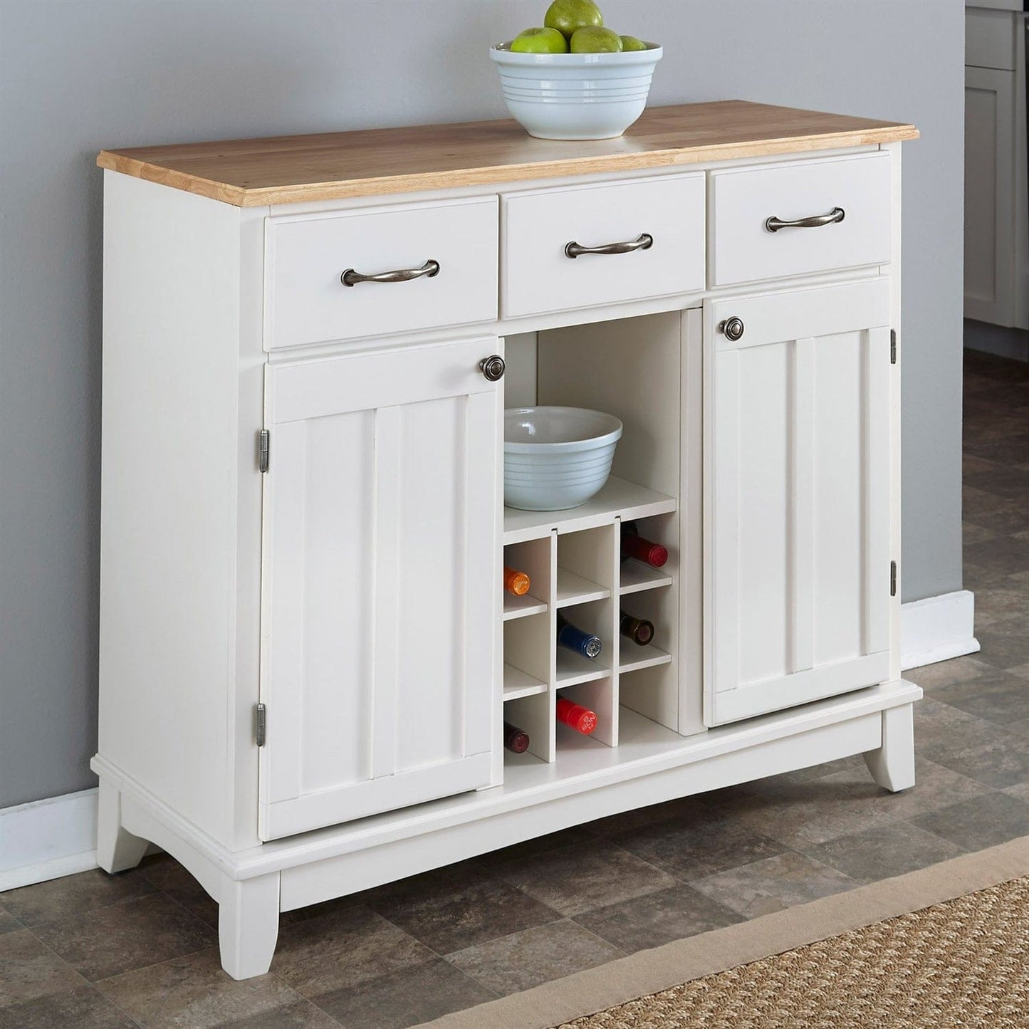 Natural wood kitchen sideboard with wine rack, 3 drawers, and cabinet storage — transitional style with brushed steel hardware