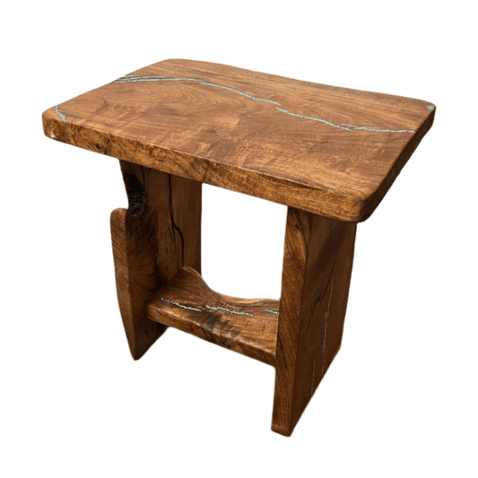 Wooden side table with a natural finish on a white background