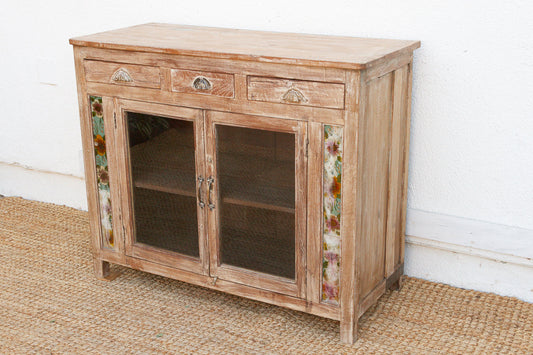 Antique buffet cabinet with hand-painted reverse glass panel detail