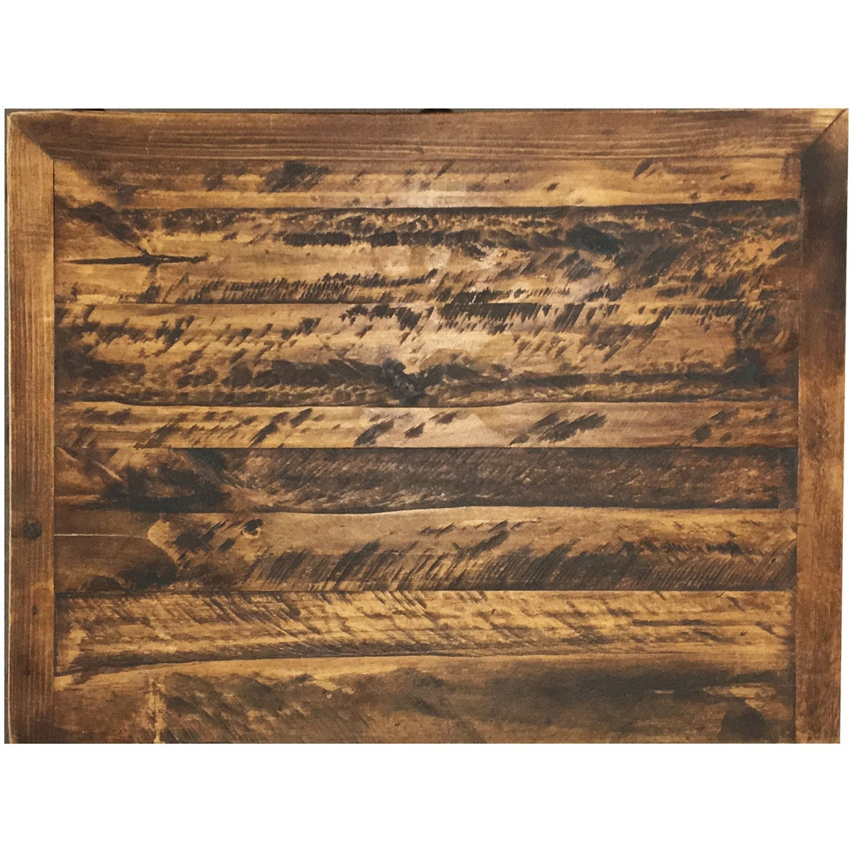 Top view: Top view of Oasis nightstand showing textured brown wood grain and a framed rectangular tabletop