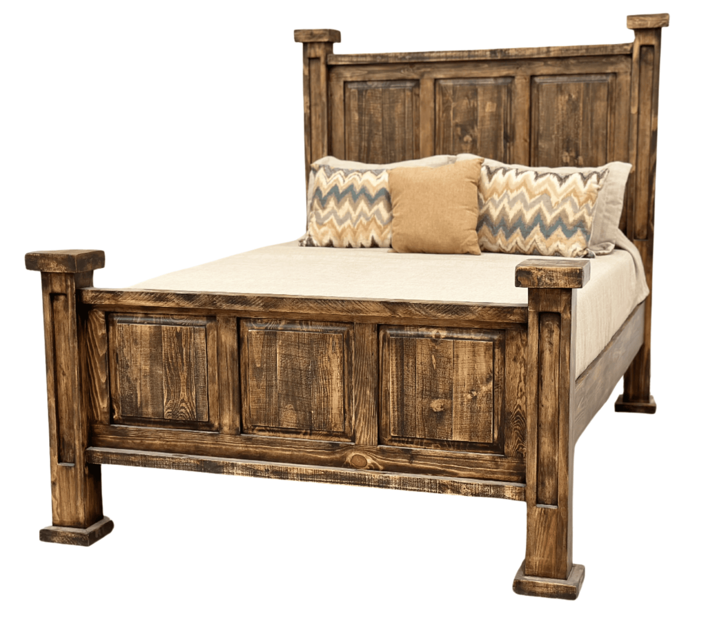 Wooden bed with beige bedding and patterned pillows on a white background