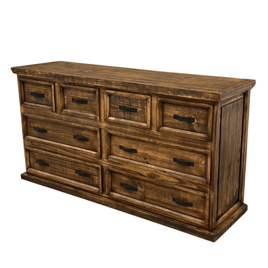 Wooden dresser with multiple drawers on a white background