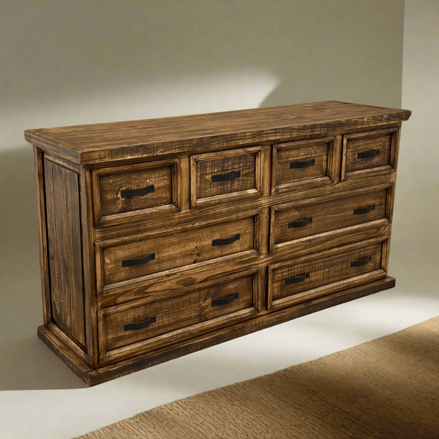 Wooden dresser with multiple drawers on a neutral background