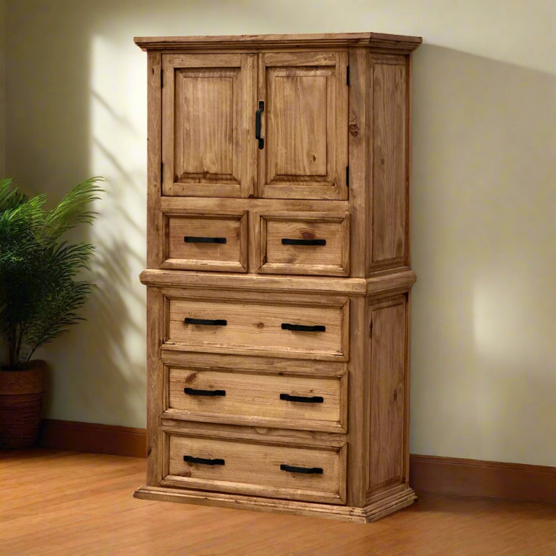 Wooden cabinet with multiple drawers and doors in a room with a plant and light-colored wall.
