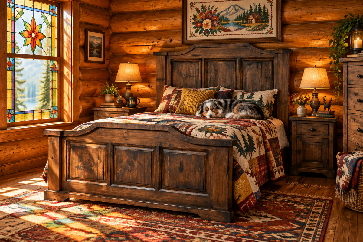 Wooden bed with a rustic design on a white background