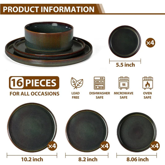 16 Piece Plates and Bowls Set for 4 Ribbed Stoneware Dishes | Cozy Complete Homes