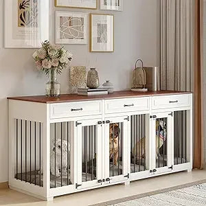 Lockable Indoor Wooden Dog Kennel with 2 Dividers, 3 Drawers | Cozy Complete Homes