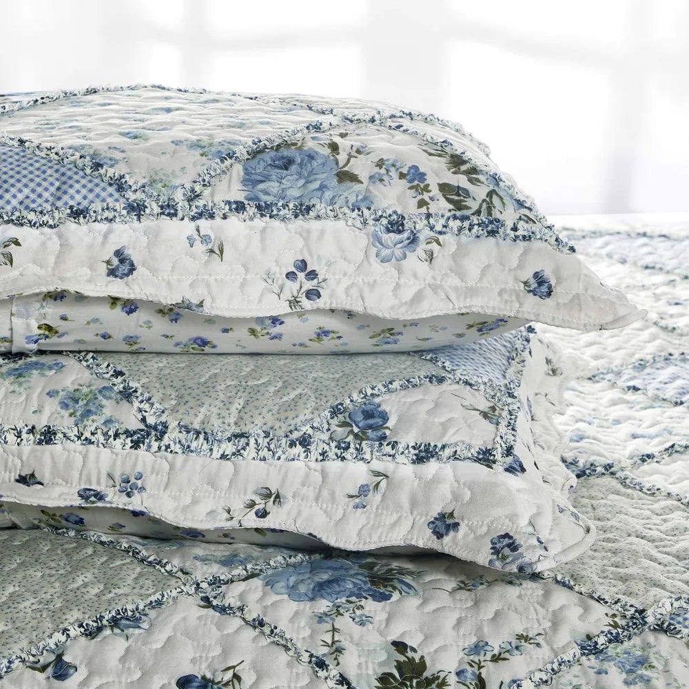 King Size Blue Floral Plaid Patchwork Quilt Set | Cozy Complete Homes