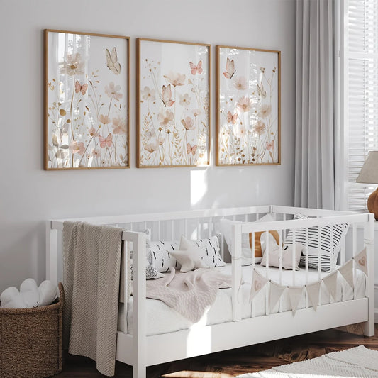 Set of 3 Wildflower Art Butterfly Pink Boho Wall Art | Cozy Complete Homes