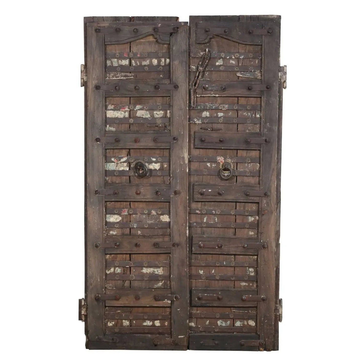 Close-up of antique metal straps on an 1800s Teak Wood Rustic Antique Door Distressed Rustic Door With Metal Straps showcasing authentic vintage charm.