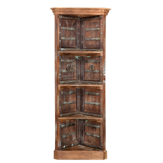 Wooden corner cabinet with a rustic design on a white background