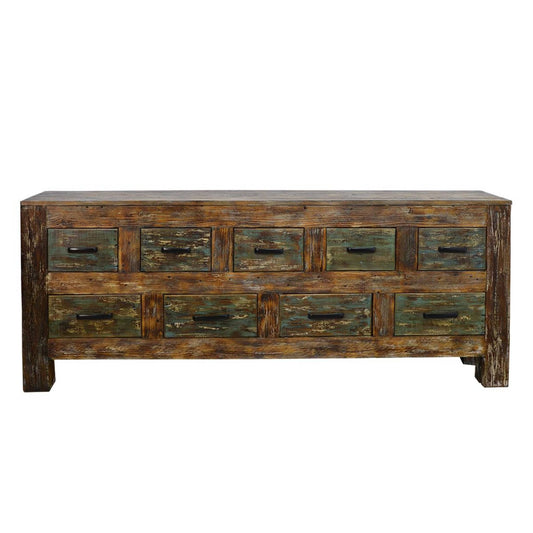 Wooden dresser with multiple drawers on a white background
