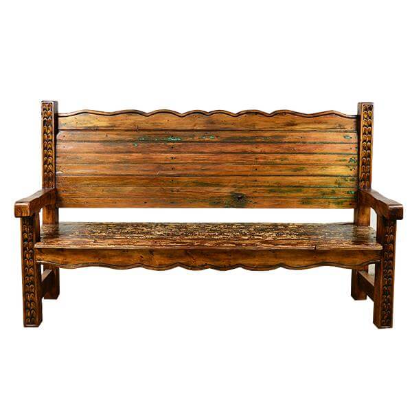 Old Door Bench with Hand Carving, a stunning wooden bench featuring intricate carvings and a rustic design.