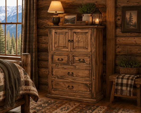Medio Mansion Chest of Drawers in a rustic bedroom setting with warm wood finish and cozy decor.