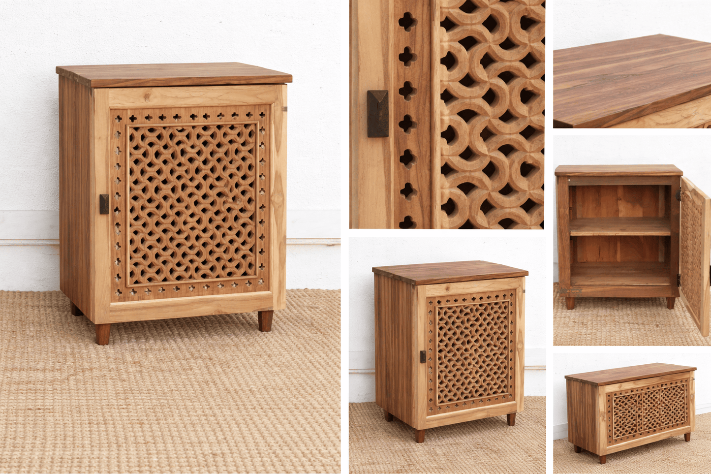 Collage of wooden furniture with intricate carvings in a room setting.