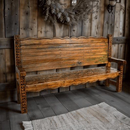 Lower 40 Old Door Bench with Hand Carving, showcasing intricate carvings and rustic wood textures.