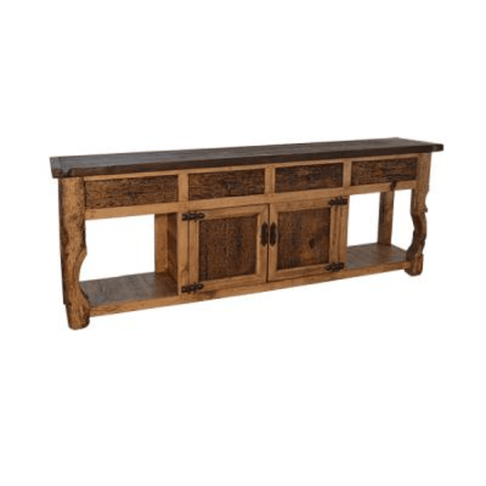 Wooden console table with dark top and rustic design on a white background