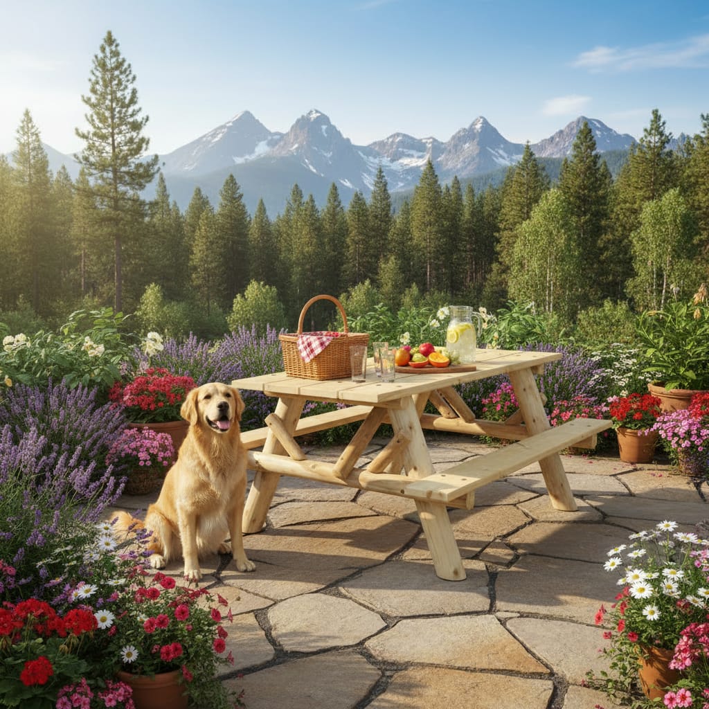 Dog sitting on a stone patio with a wooden picnic table, flowers, and mountains in the background.