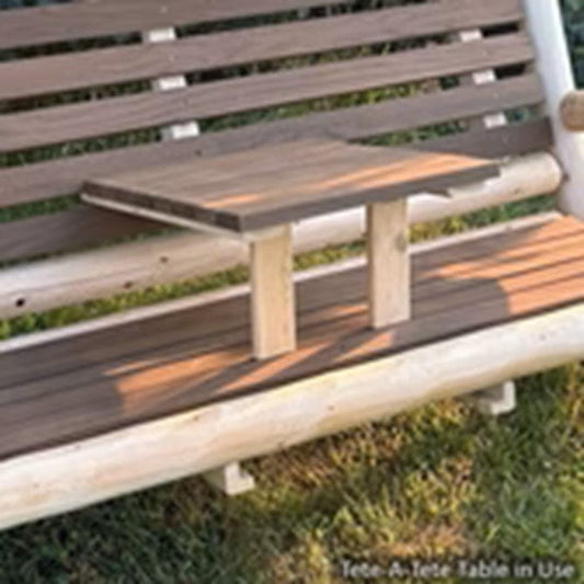 Wooden Tete-A-Tete table with benches on a grassy background