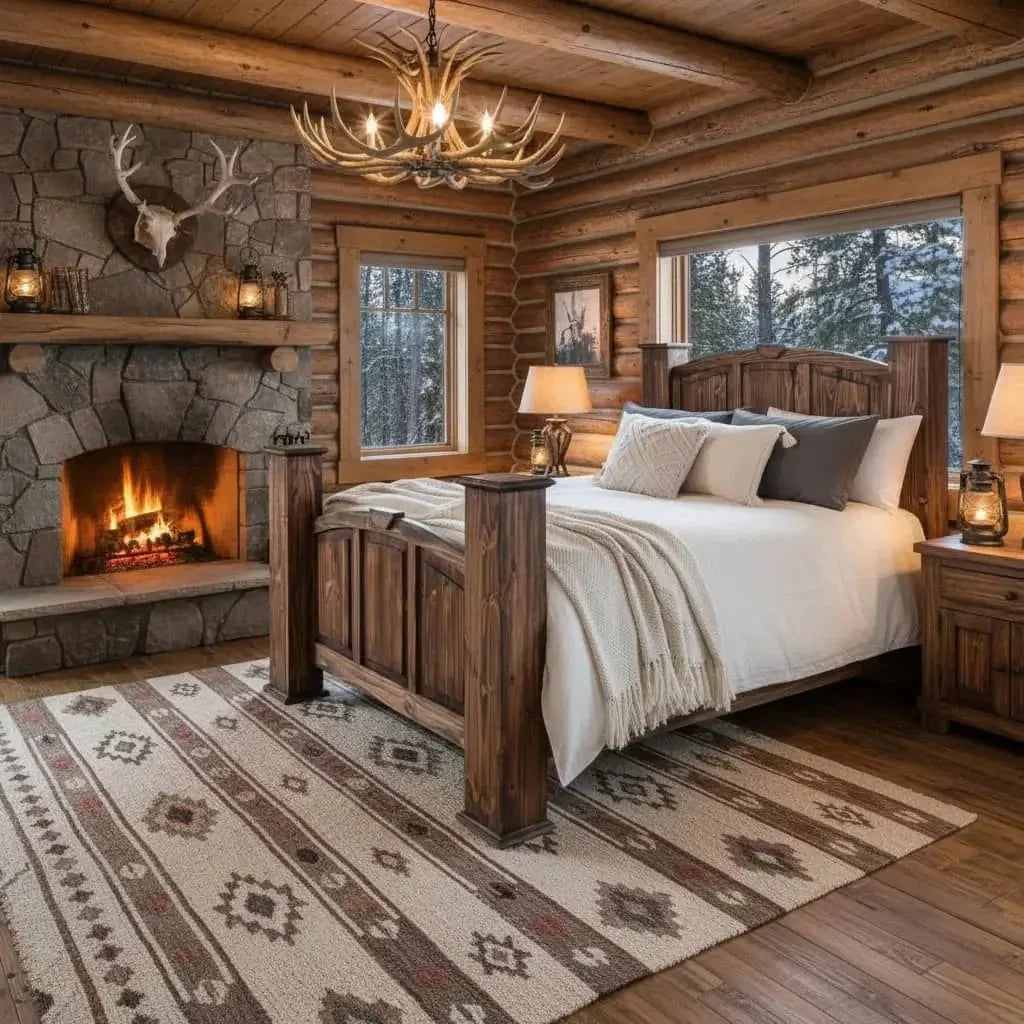 Cozy rustic cabin bedroom with natural wood furniture, layered bedding, and warm lighting