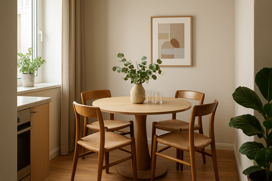 Dining room layout small spaces featuring a wooden table with four chairs and a vase of greenery.