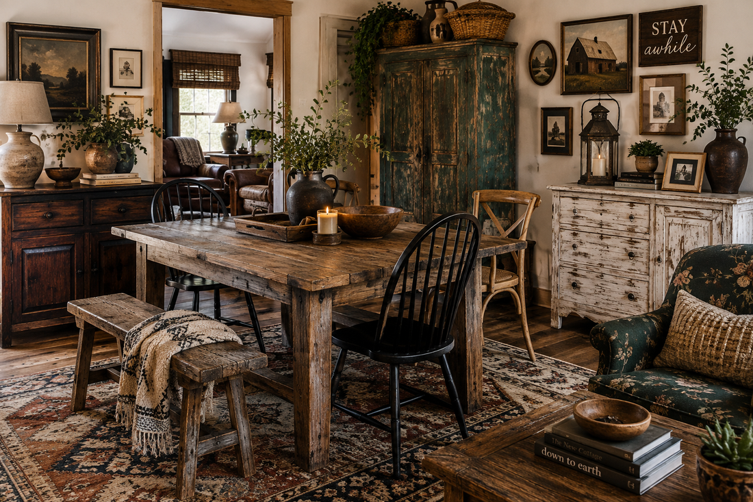 Rustic wood dining table styled with mixed furniture pieces in a warm, inviting dining room
