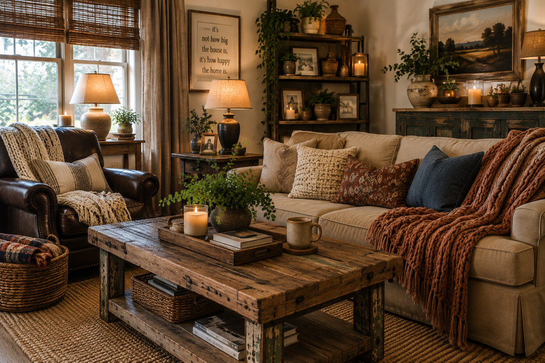 Warm and cozy living room with soft lighting, layered textures, and inviting rustic decor