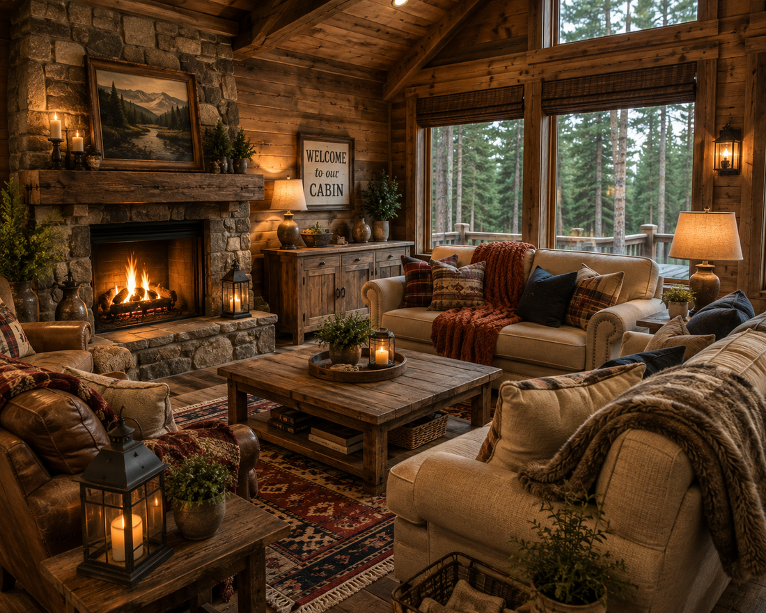 Cozy cabin-style living room with natural wood, warm lighting, and rustic decor